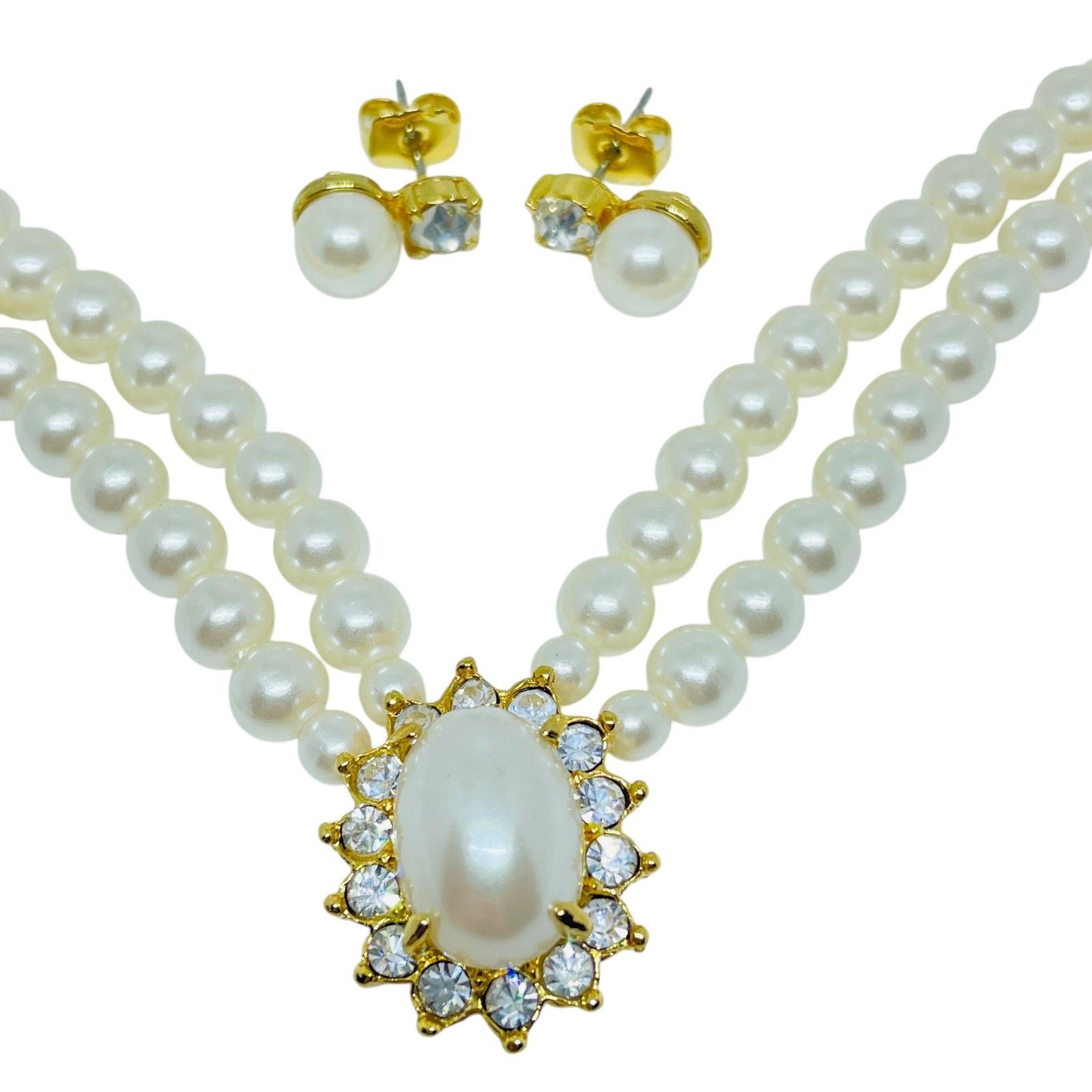 Avon Vintage Gold Tone Faux Pearls Rhinestones Designer Necklace Earrings Set